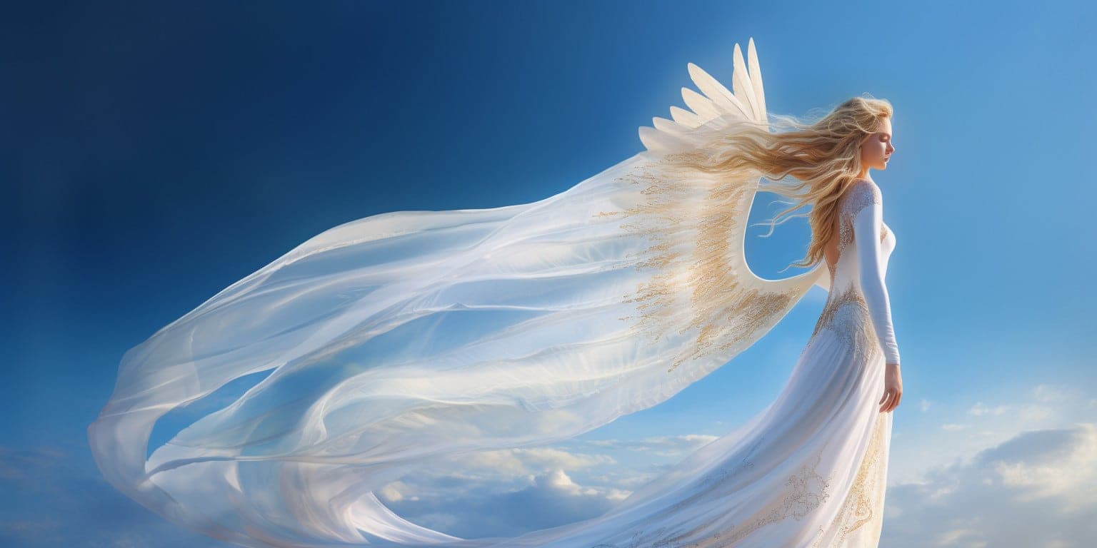 Angel with brown hair, white wings in a long white dress with blue sky and cloud in the background