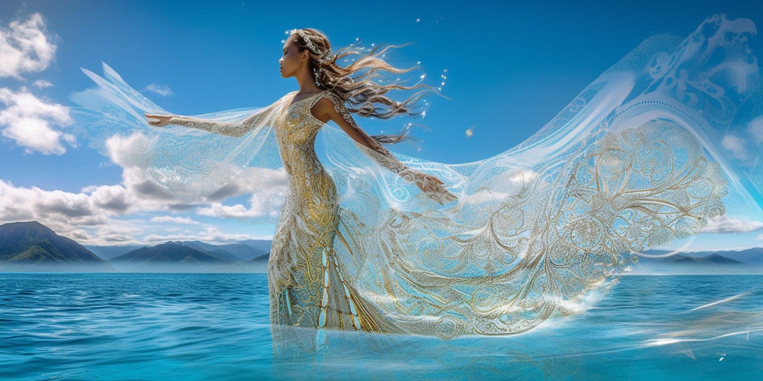 Angel Number 95 - Angel with long brown hair. Walking through water. Clouds in the background.