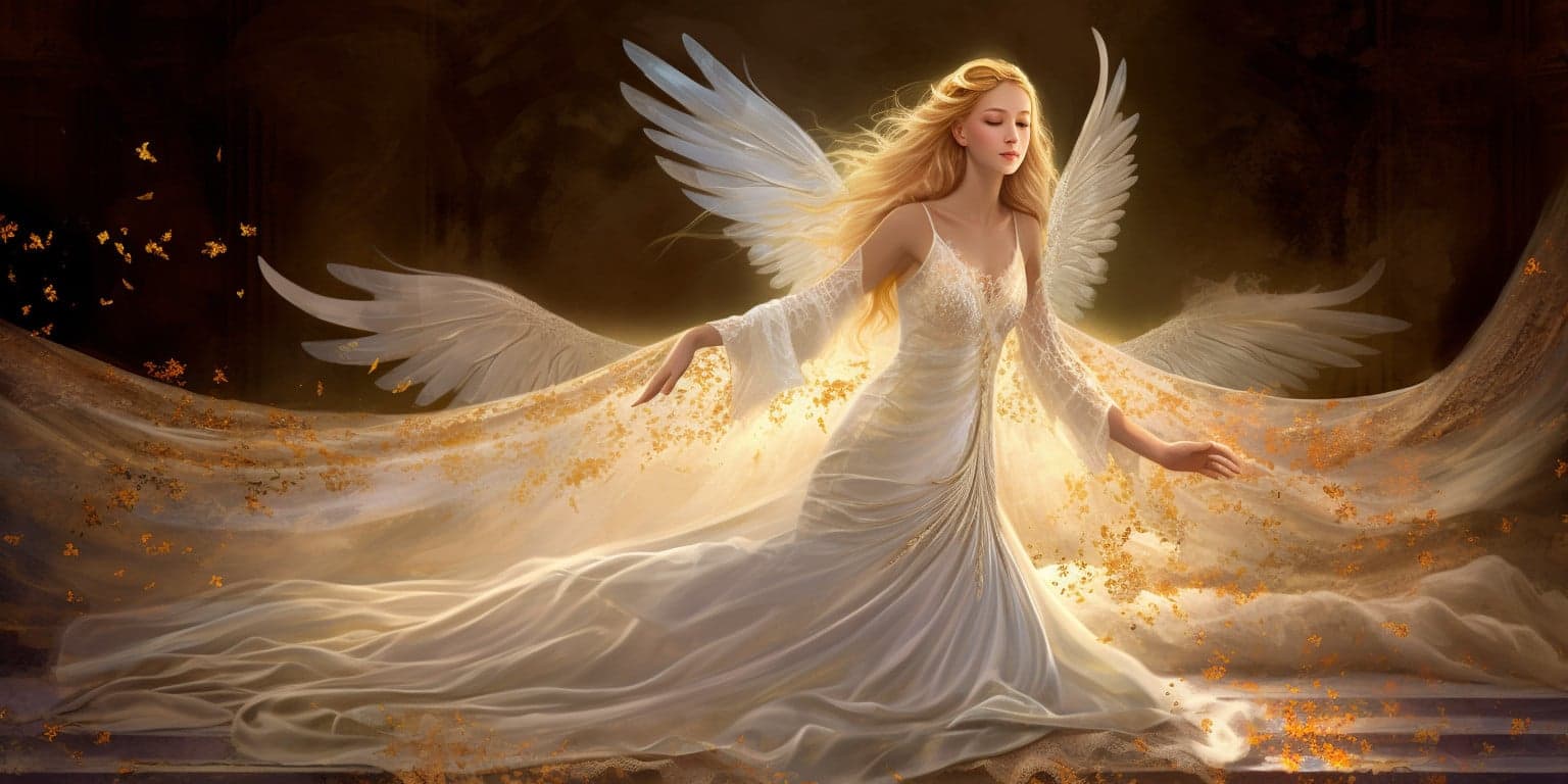 Angel Number 1221 - Angel with long white Blonde hair and a long silver white dress. On the front of the dress is gold markings.