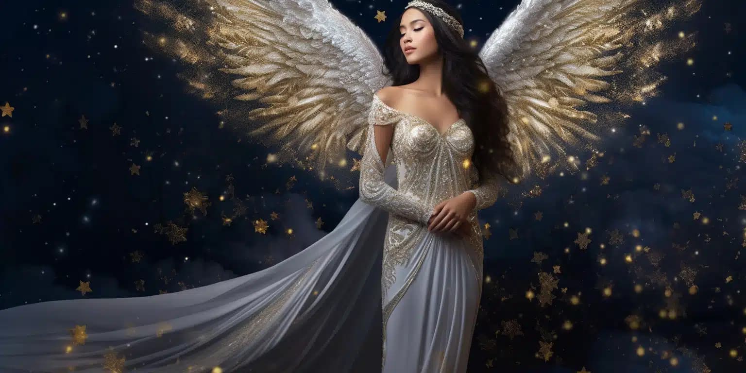 Angel Number 2121 - Angel with long brown hair and a white dress.