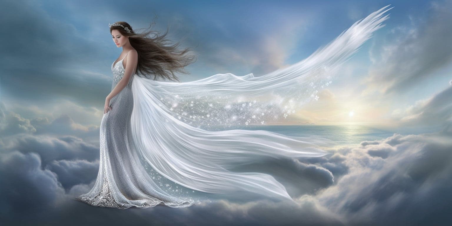 Angel Number 000 - Angel with long dark hair and a white dress. Her wings are pure white.