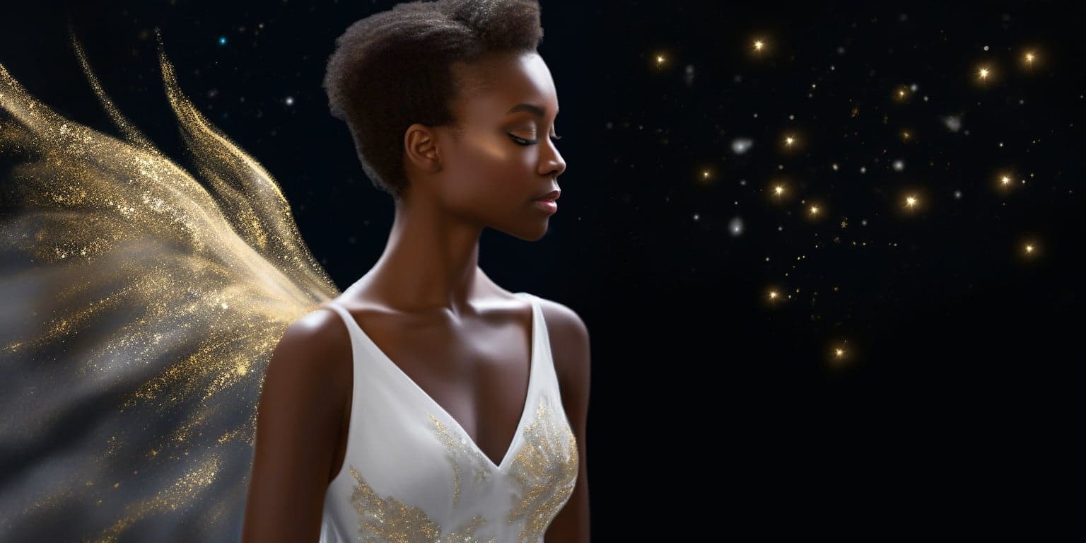 Angel Number 7117 - Angel with short black hair and a white dress. Her wings are white and gold with stars around her.