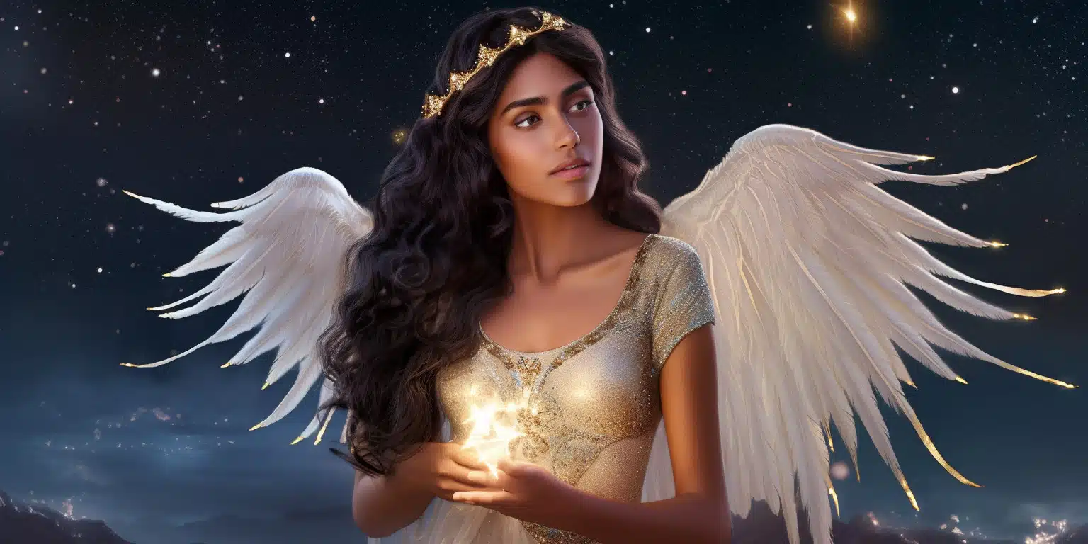 Angel Number 666666 - Angel with long curly black hair and a white dress. Her wings are golden yellow and white.