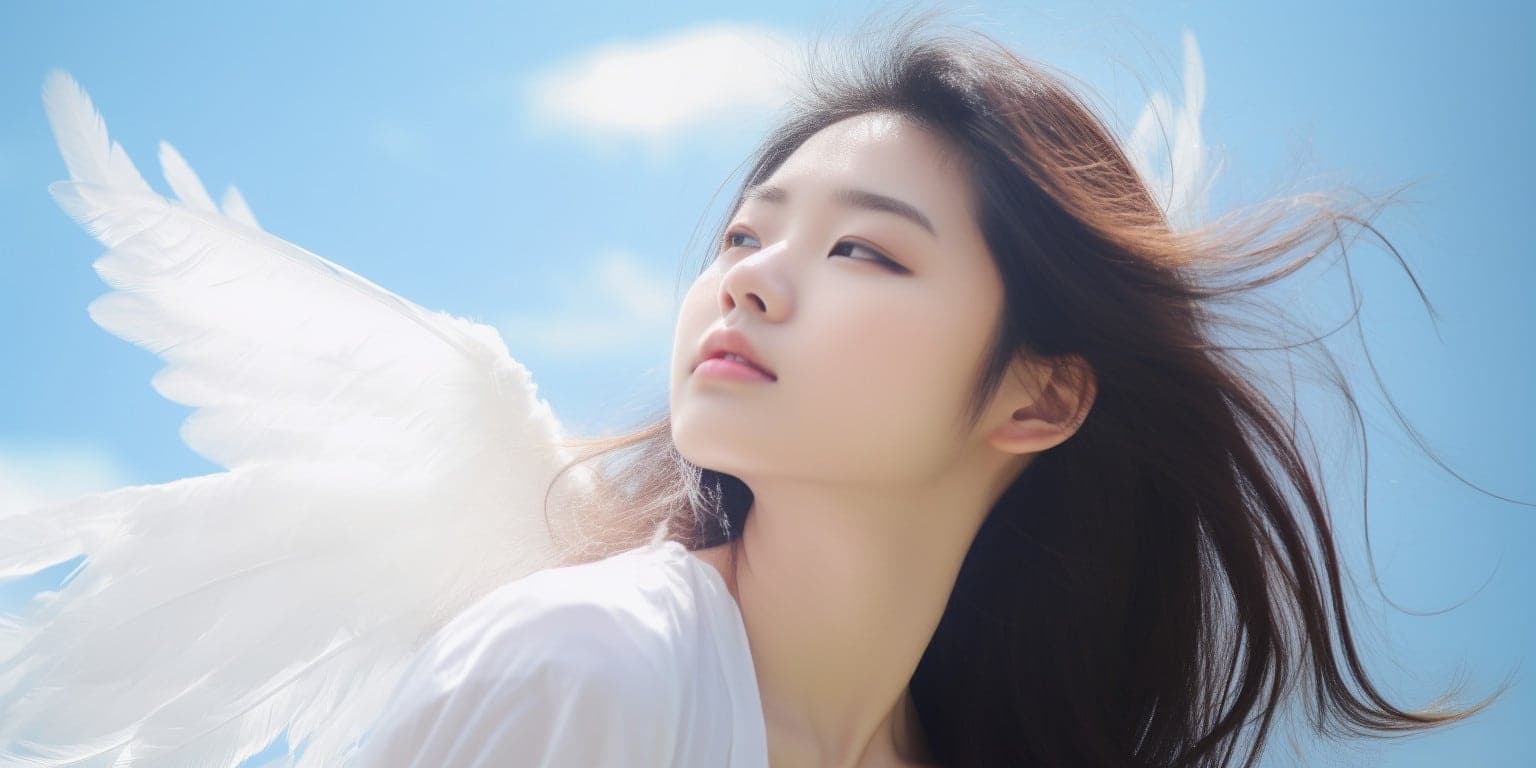 Angel Number 1115 - Angel with long black hair and a white dress. Her wings are pure white.