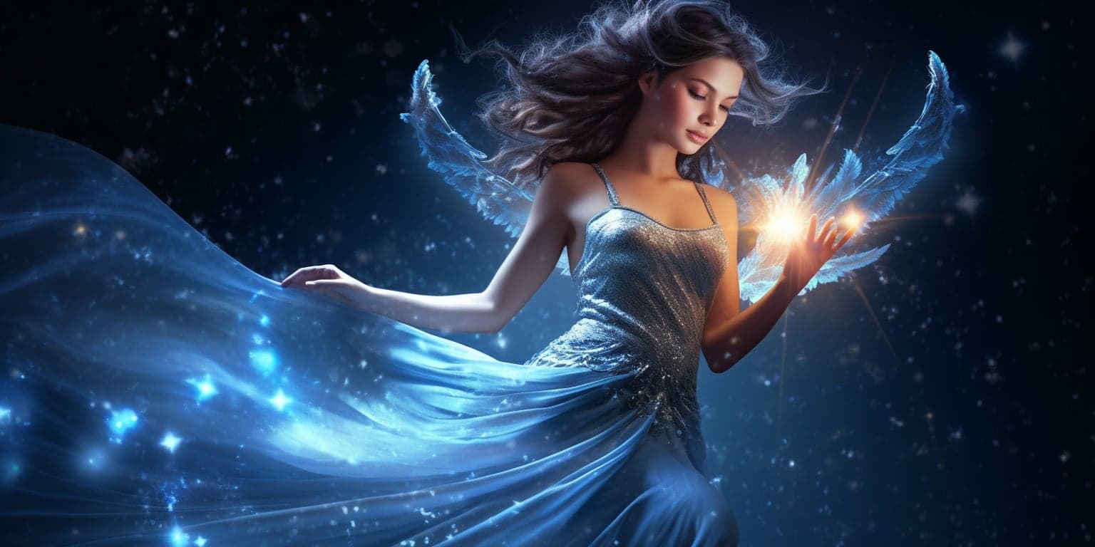 Angel Number 252 - Angel with long dark hair. Her wings are white and blue.