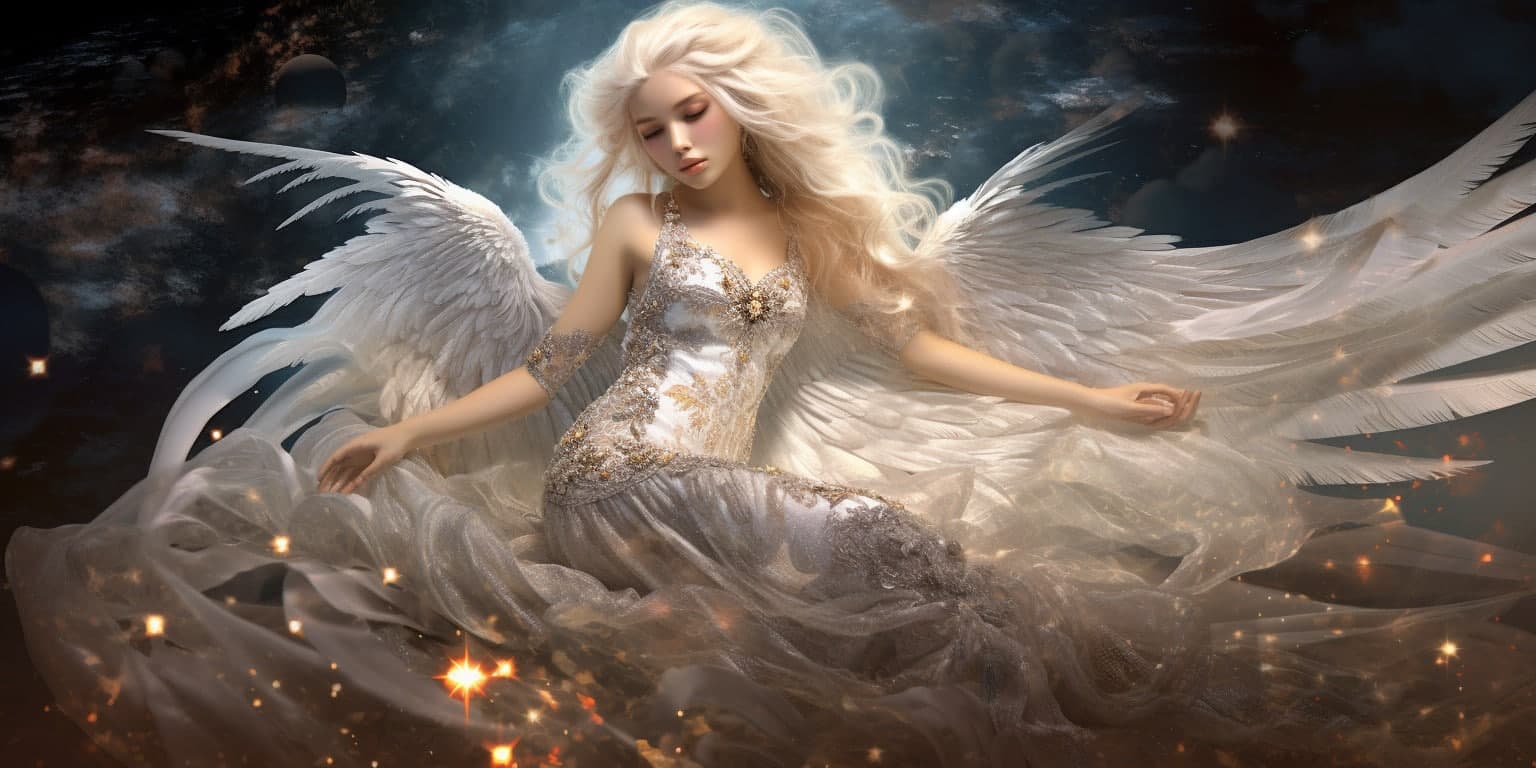 Angel Number 556 - Angel with long light hair. Her wings are long white with sparkles.