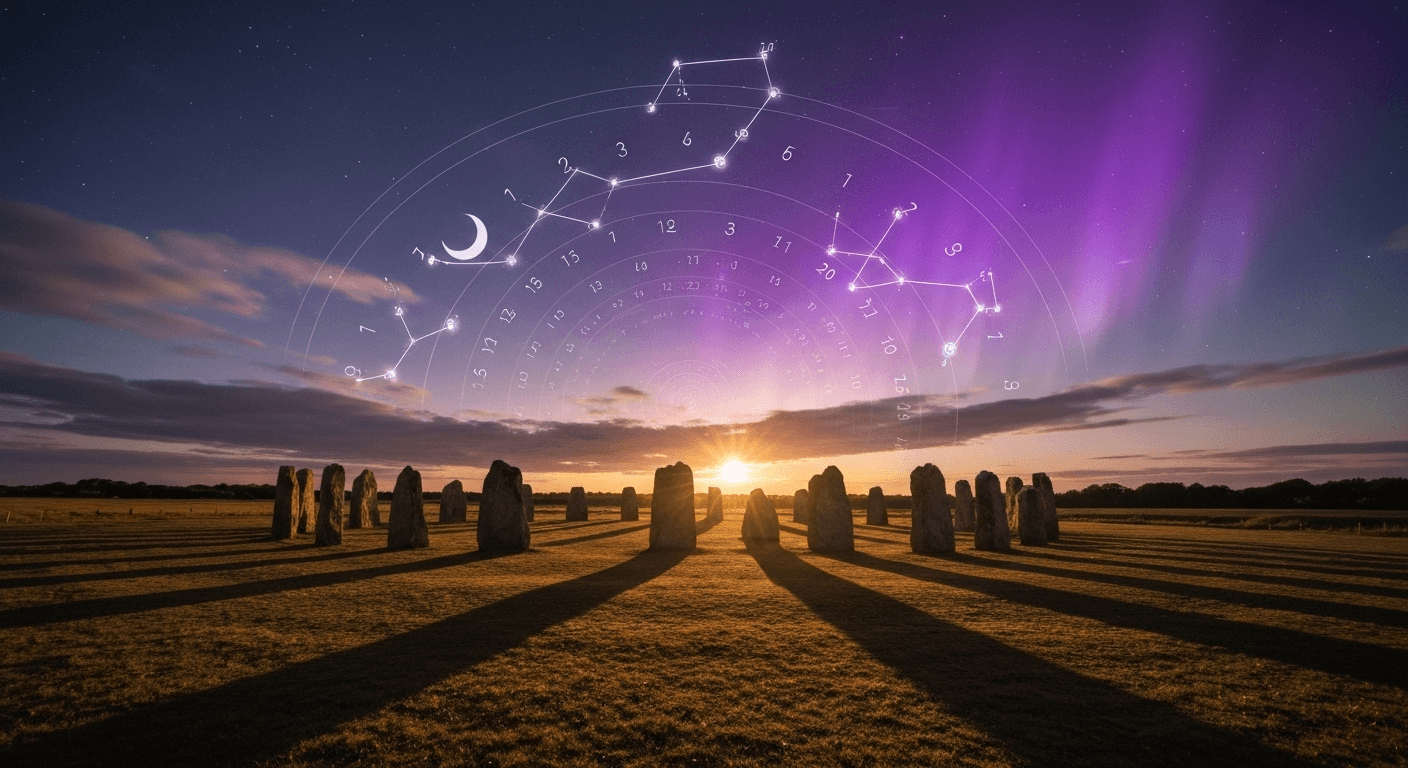 Ancient stone circle with aurora constellation patterns.