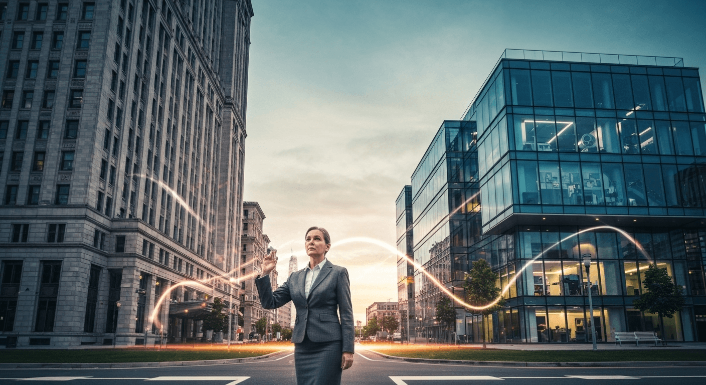 Business person choosing between corporate and startup.