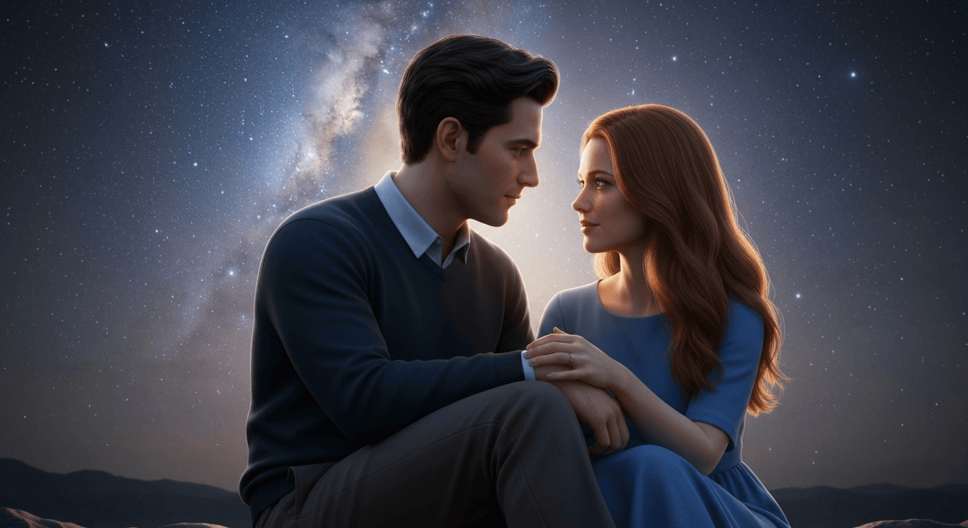 Couple talking under starlit sky with moonlight.
