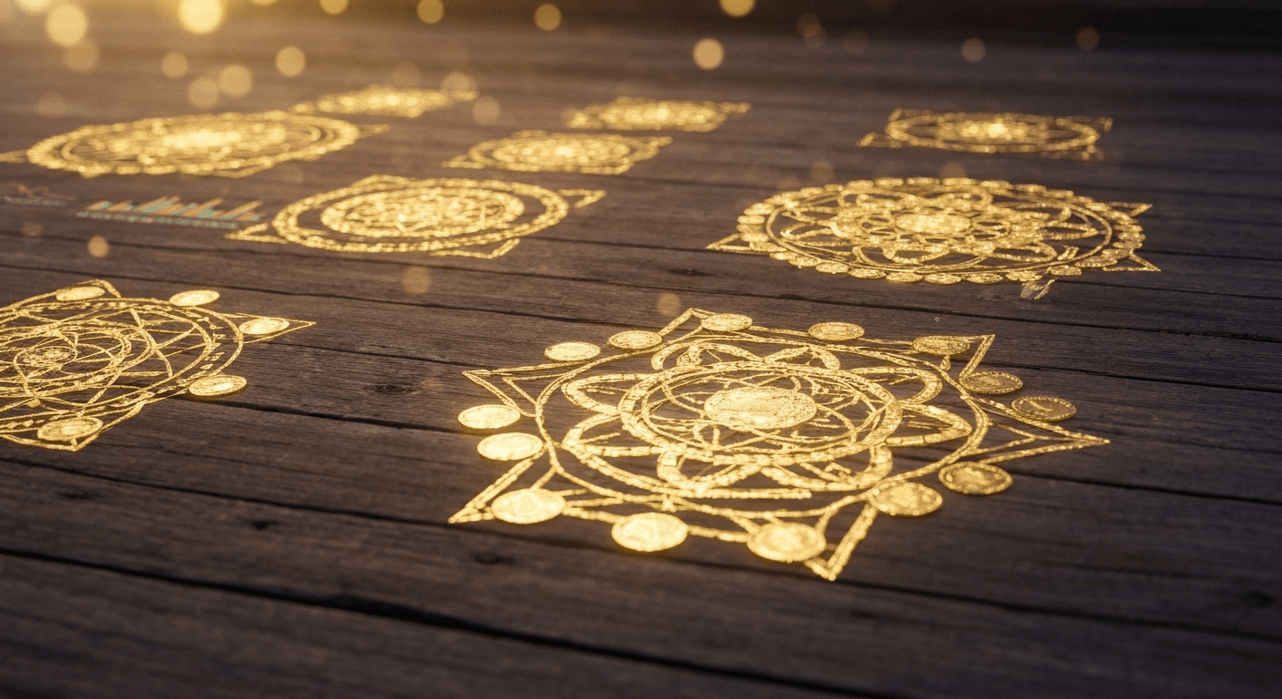 Golden coins geometric patterns on ancient wood.