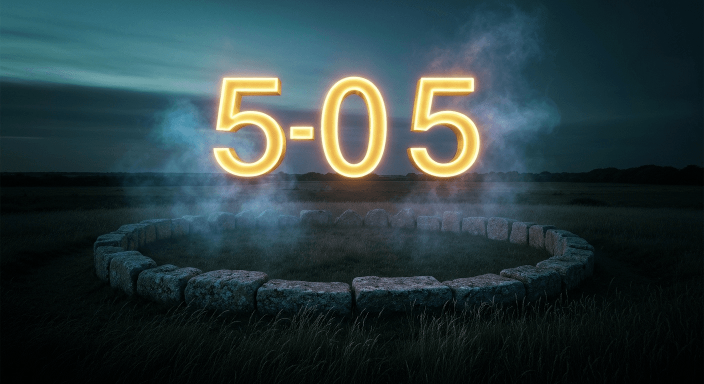 Golden numbers 5-0-5 floating above stone circle.