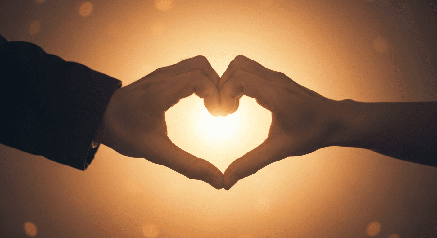 Hands forming heart shape with golden light.