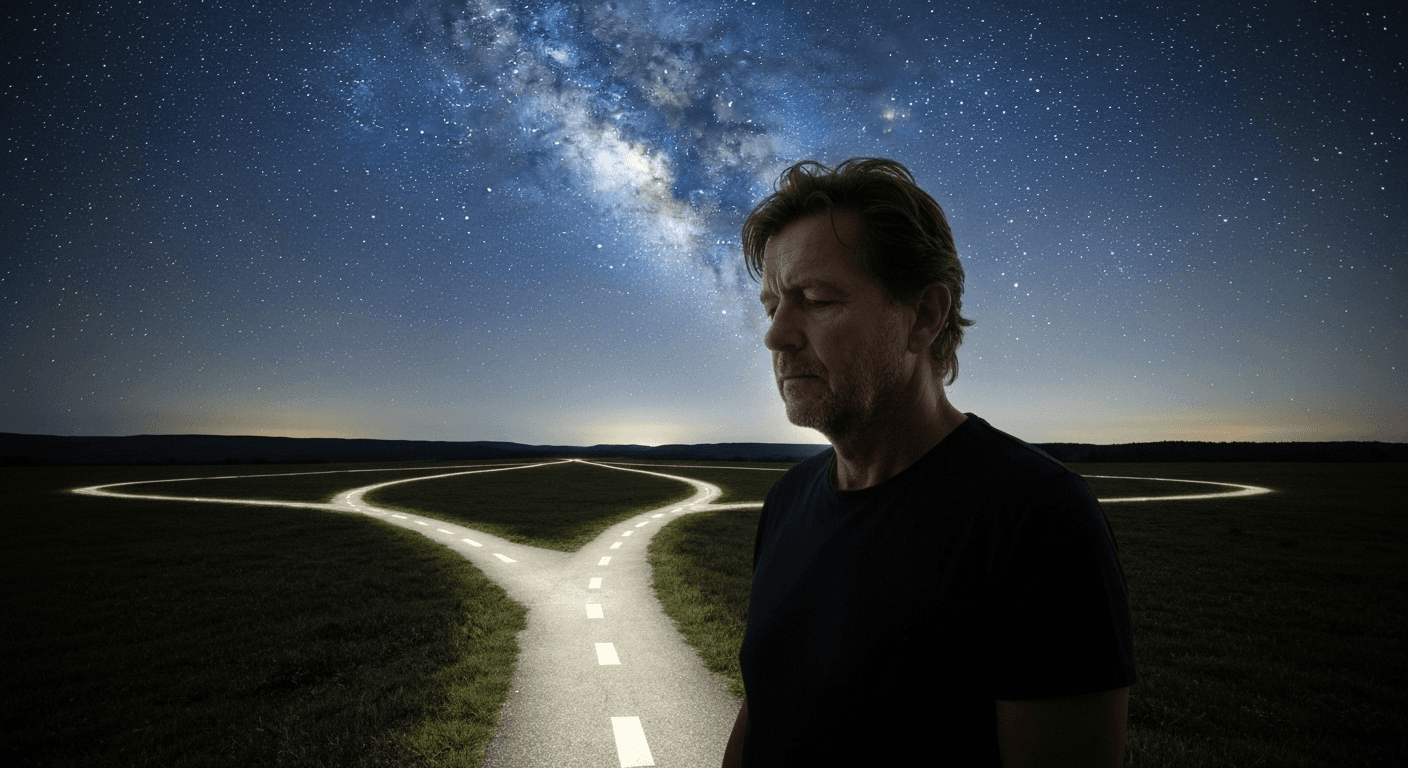 Person at moonlit crossroads facing multiple paths.