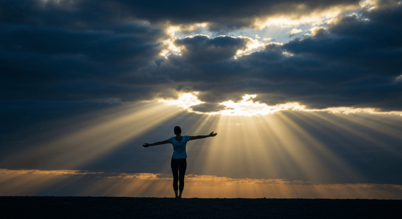 Silhouetted figure with open arms at horizon.
