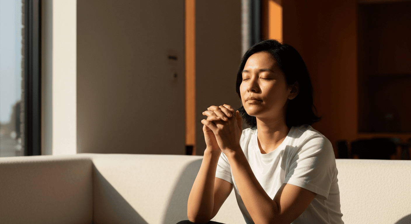Person meditating in sunlit modern room quietly.