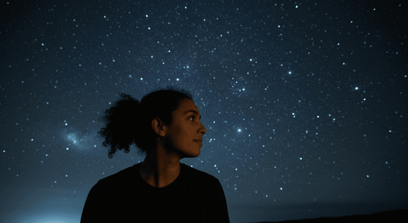 Person silhouetted against starlit cosmic sky backdrop.