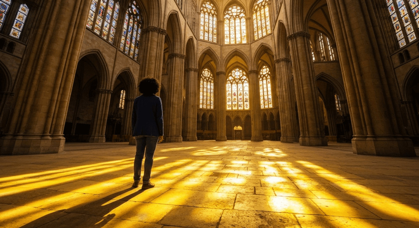 Person in sunlit cathedral with stained glass.