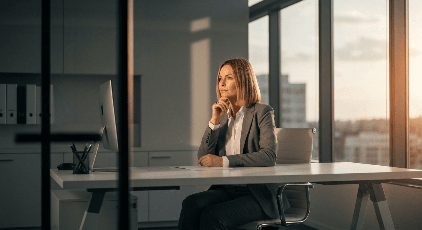 Woman reflecting at desk in modern office.