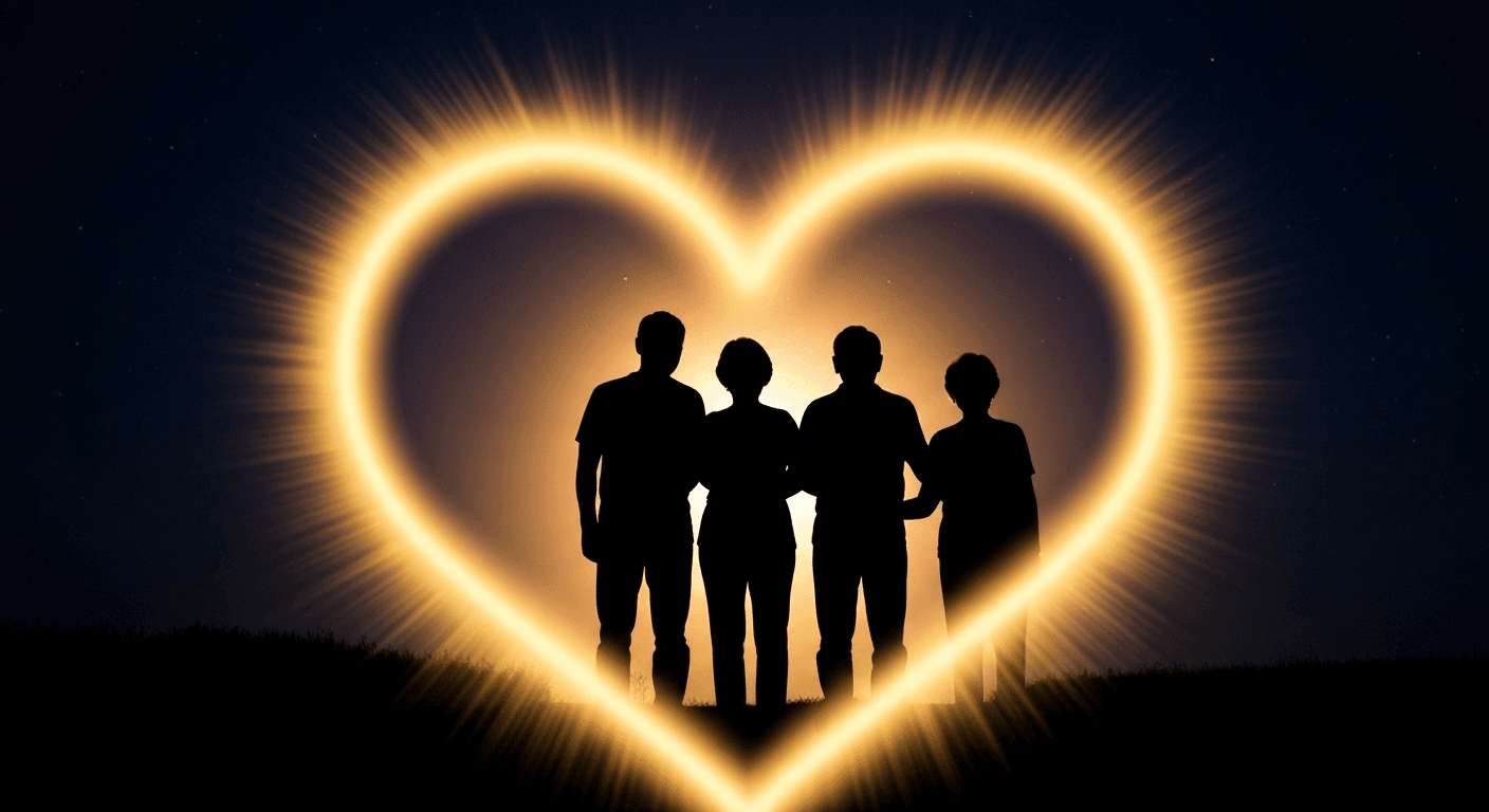 Golden heart light embracing family silhouette protectively.