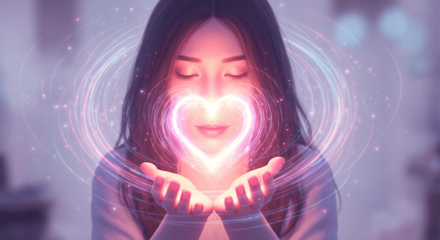 Hands cupping glowing heart with swirling energy.