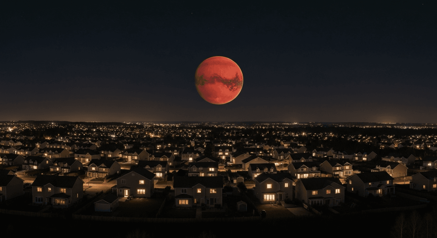 Mars glowing red above peaceful neighborhood houses.