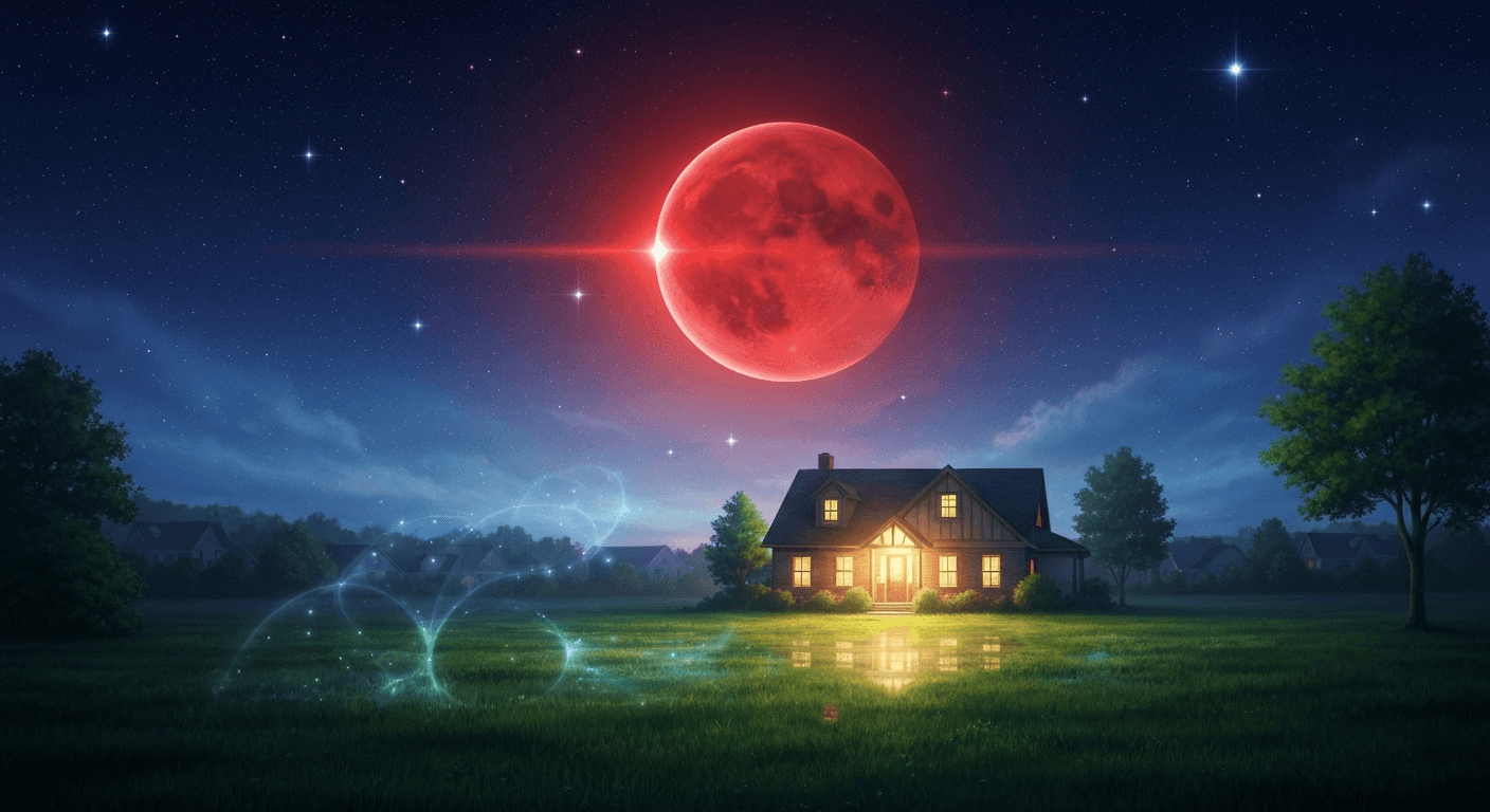 Mars glowing red above peaceful home starry sky.