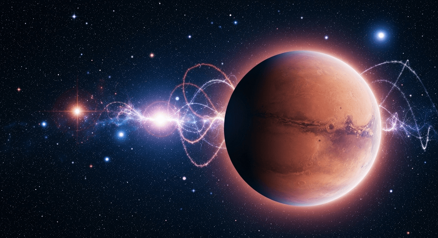 Mars glowing red with constellation stars nearby.