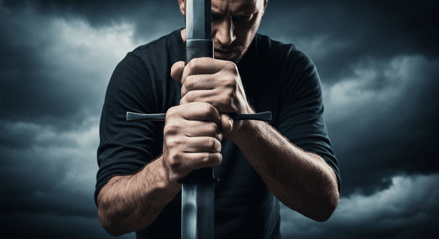 Weathered hands gripping sword, stormy clouds reflected.