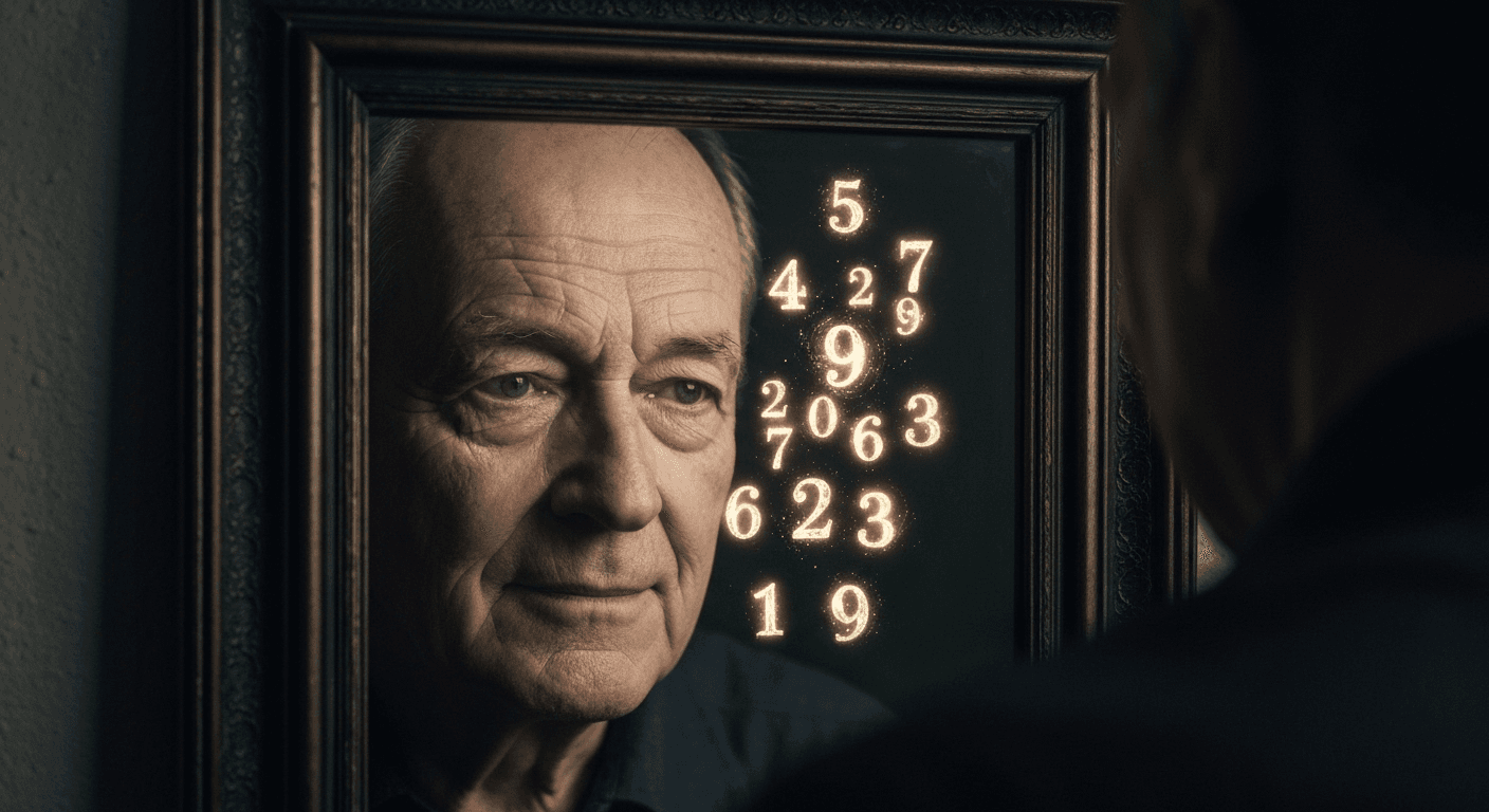 Person gazing into mirror with floating numbers.