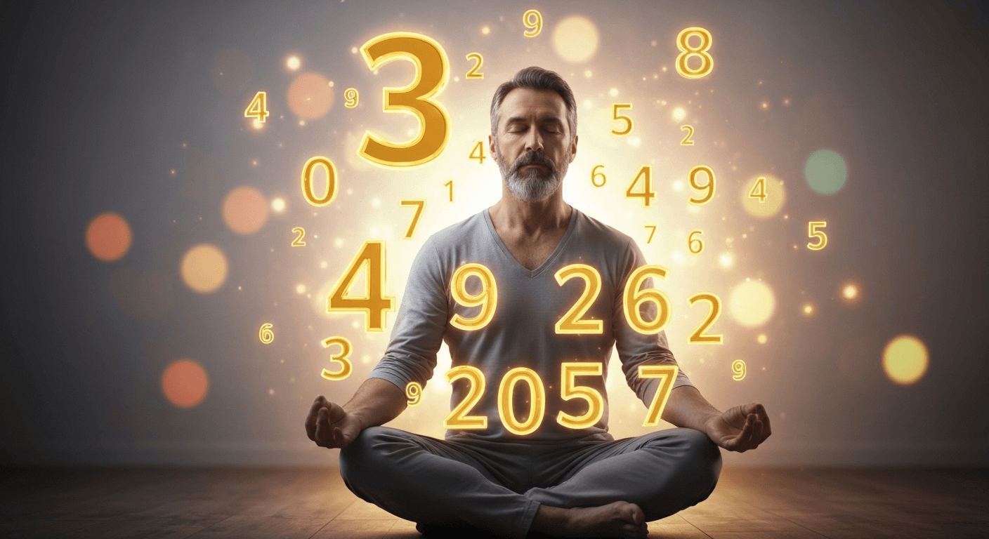 Person meditating with glowing golden numbers floating.