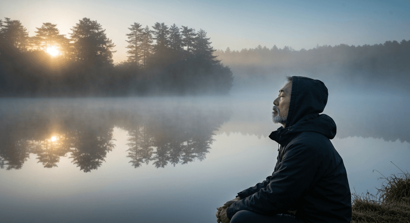 Person sitting by misty lake at dawn.