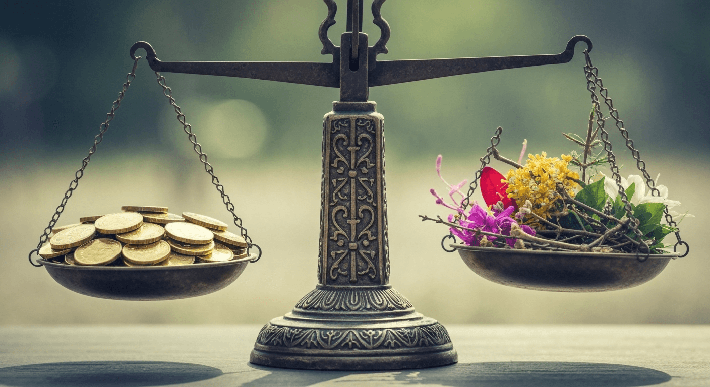 Balanced scales with gold coins and leaves.