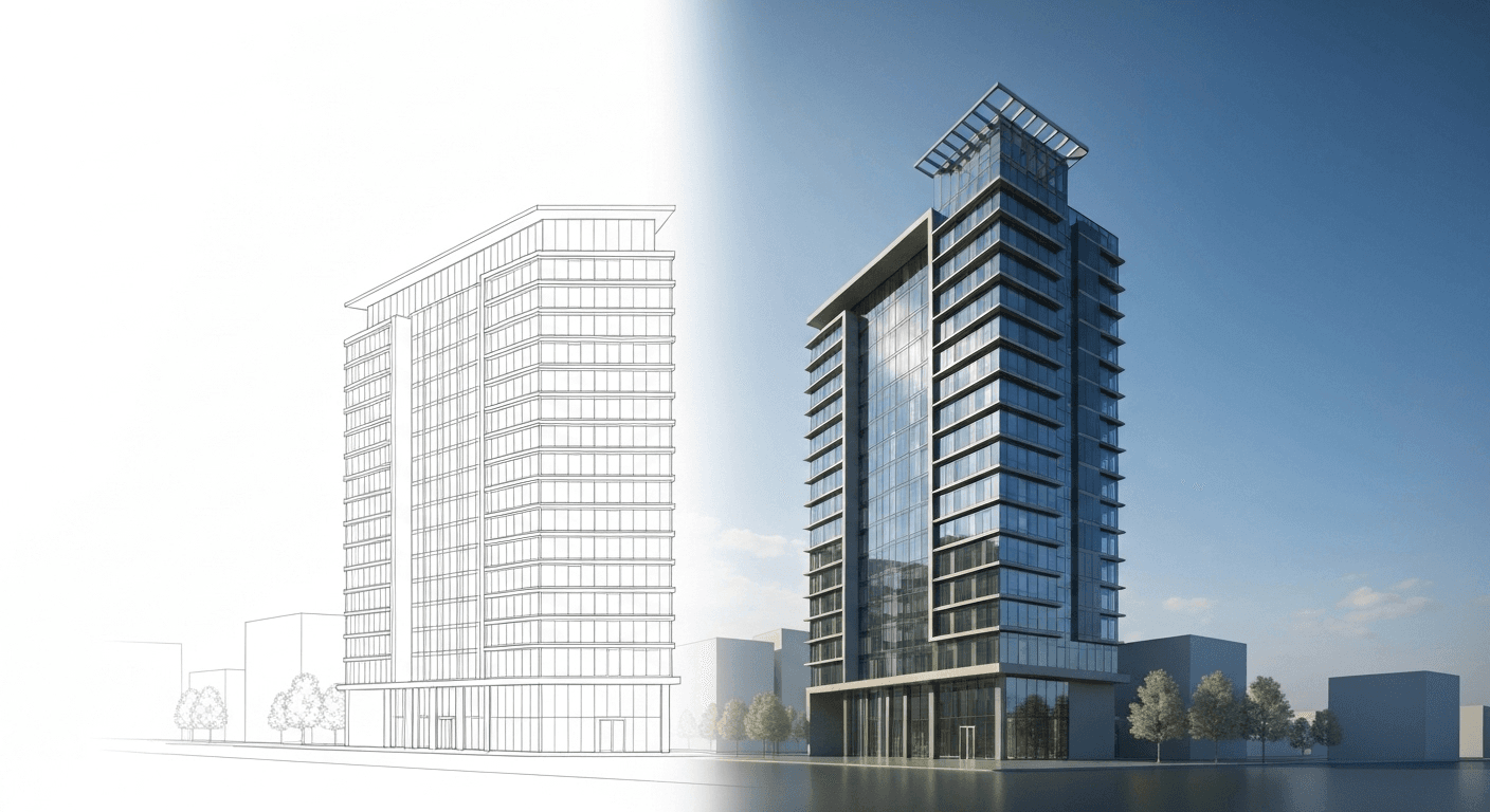 Blueprint transforming into completed steel glass building.