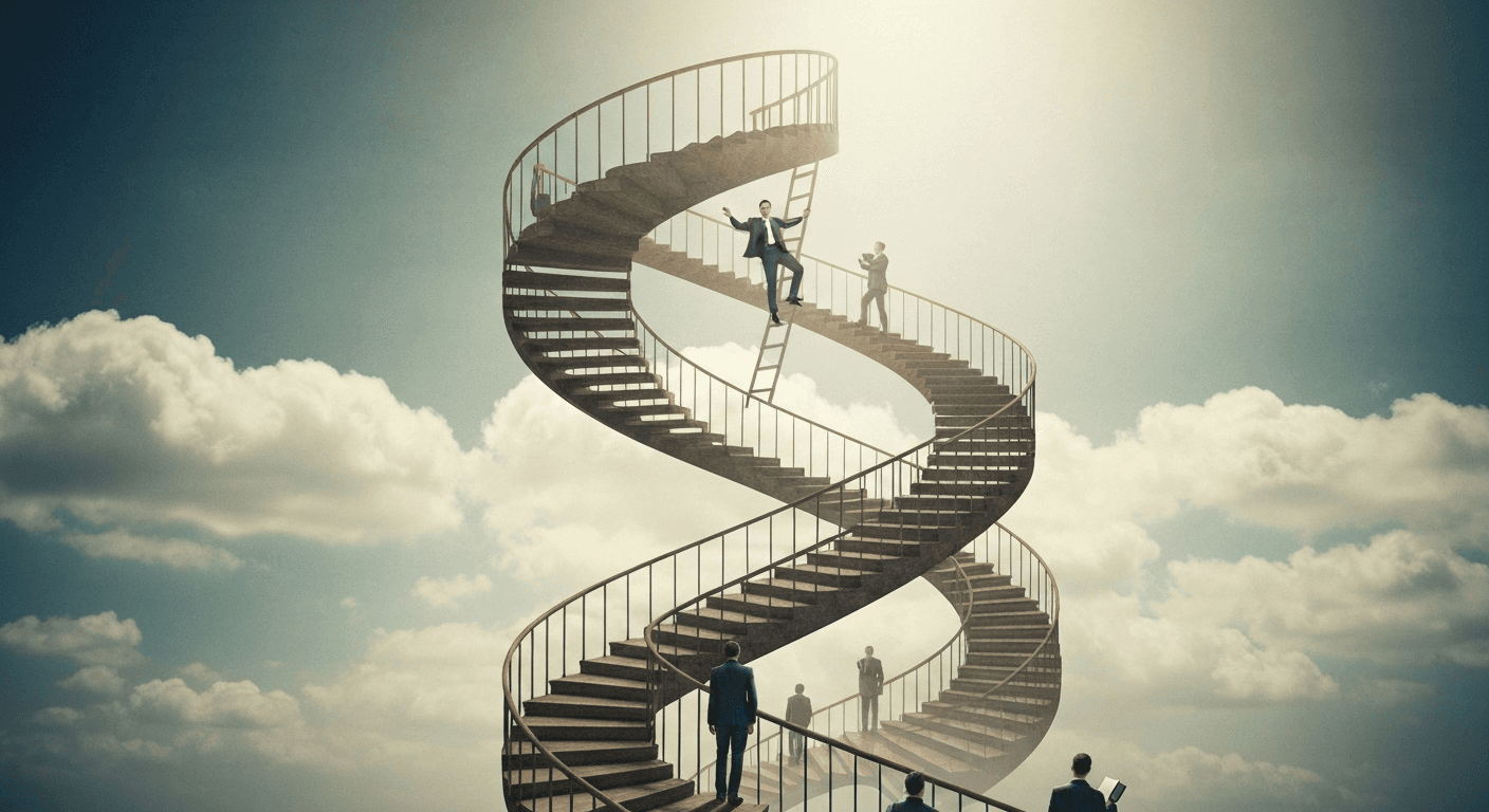 Businessman on ladder casting shadow over others.