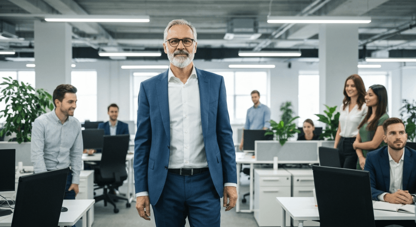 Confident leader walking through modern office space.