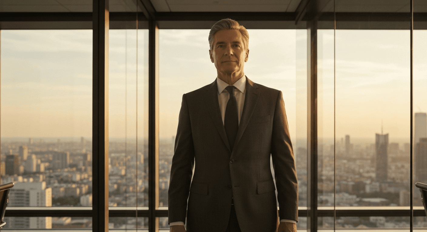 Executive in suit overlooking city skyline.