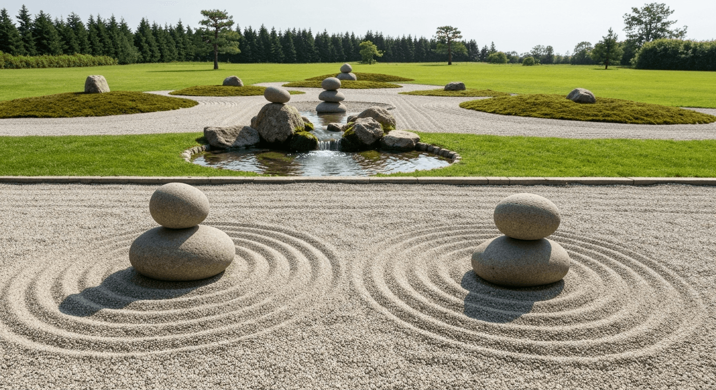 Zen garden with balanced stones and water.