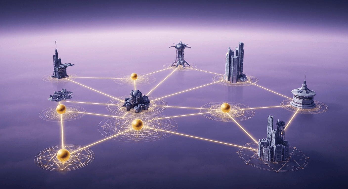 Aerial constellation bodies connected by golden threads.