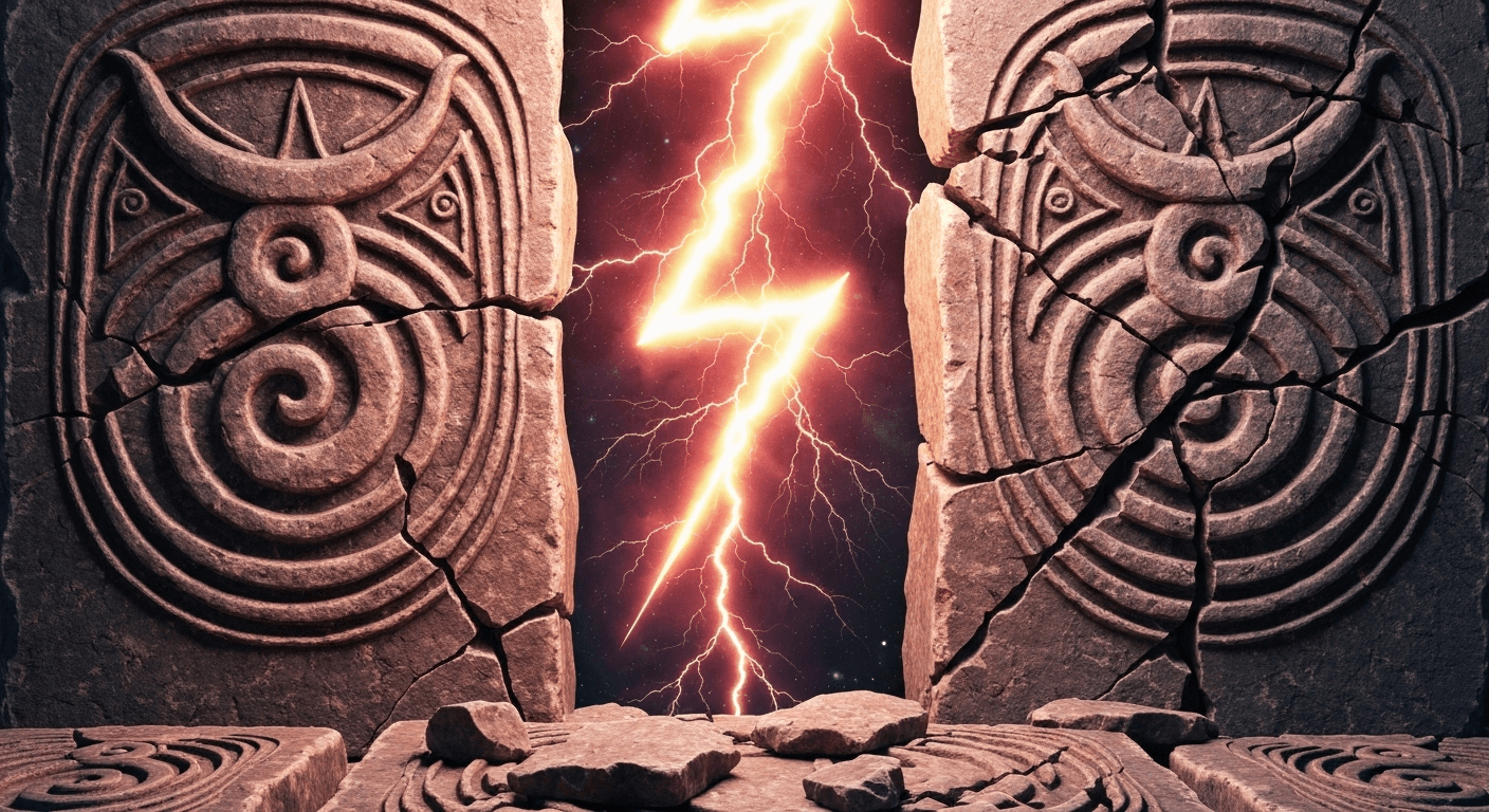 Ancient stone tablets with cosmic lightning striking.