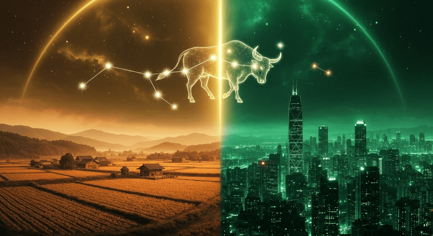 Glowing bull constellation above farmland and futuristic city.