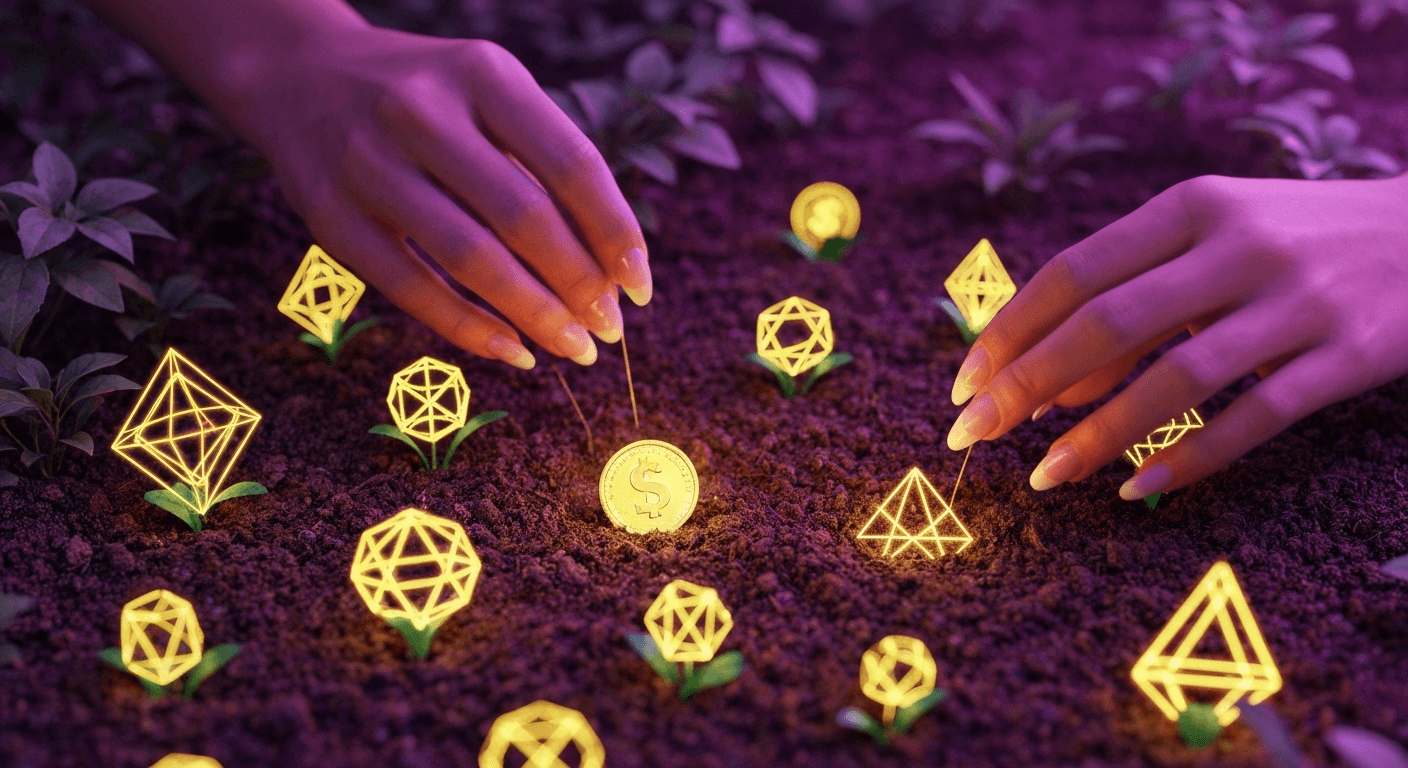 Glowing plants growing into golden currency symbols.