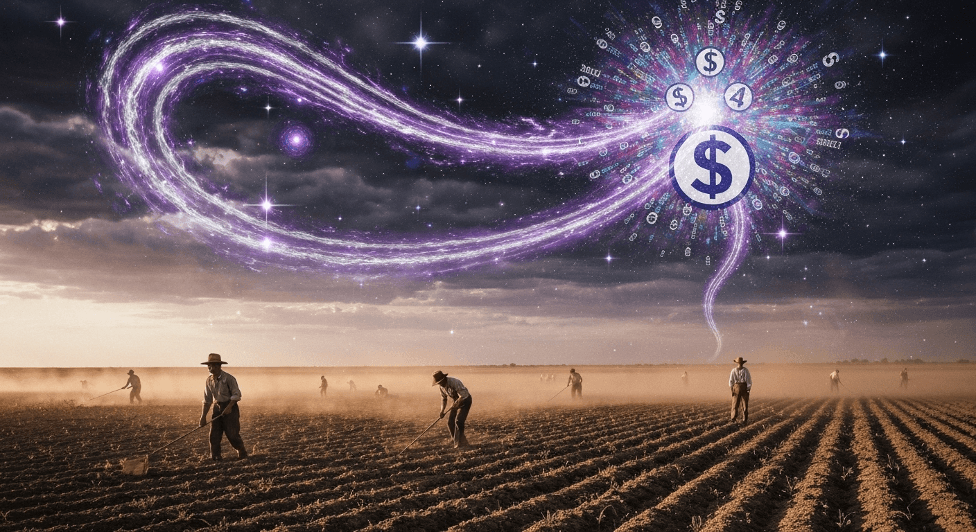 Purple cosmic energies flowing through 1930s agricultural fields.