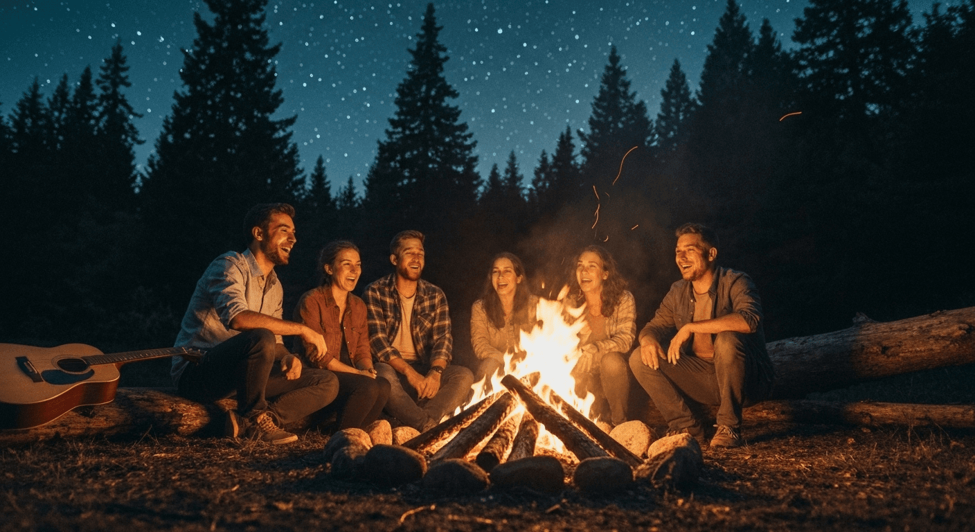 Campfire scene under starlit skies with people.