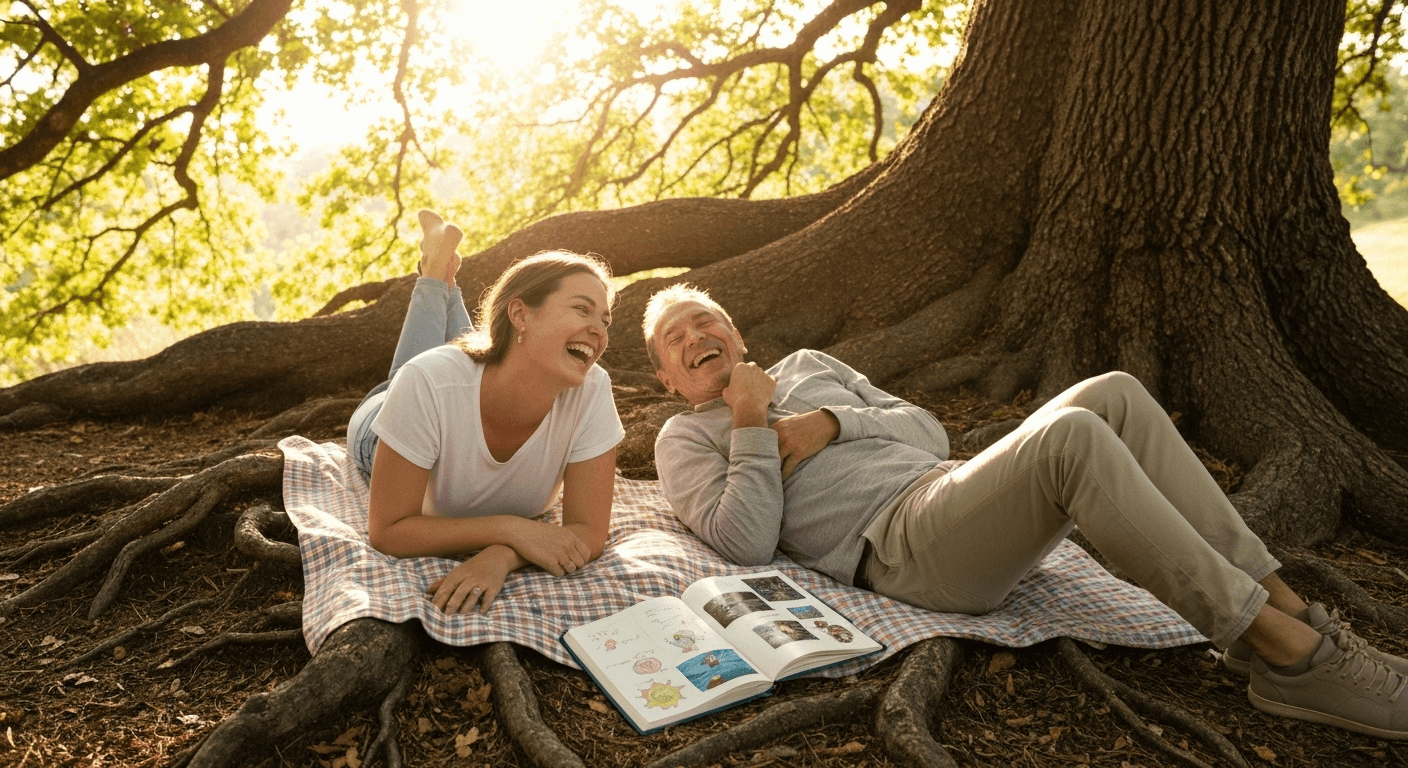 Couple laughing on picnic blanket in golden light.