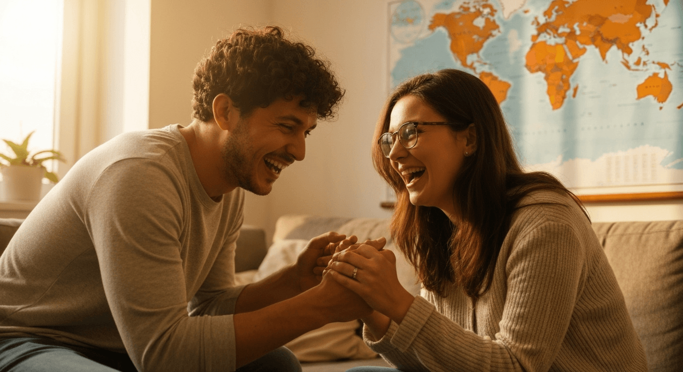 Couple laughing while planning adventure with map.