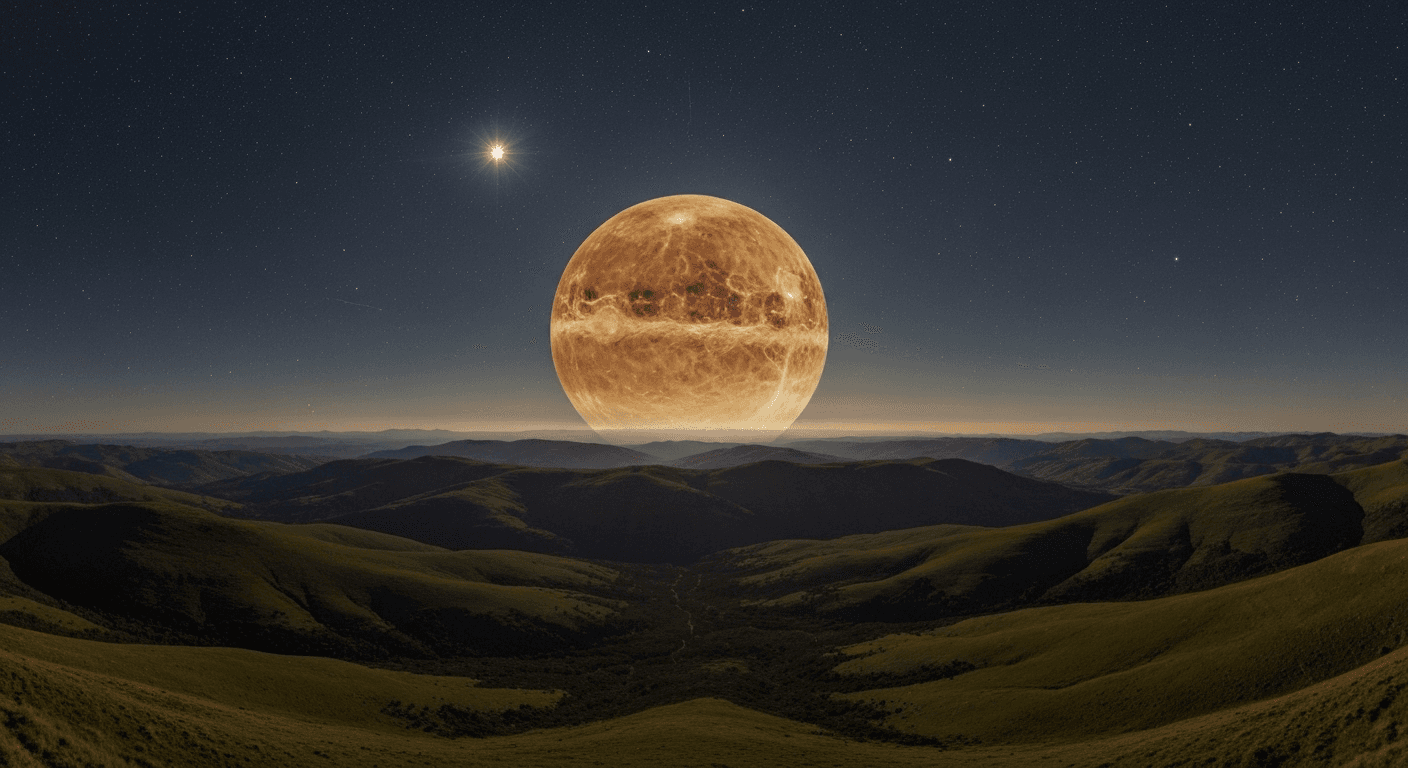 Venus shining brilliantly above rolling hills landscape.
