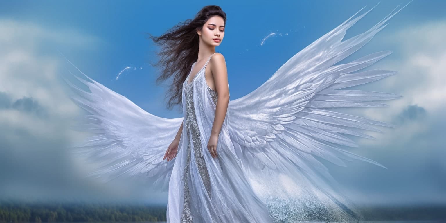 angel_a413-00001 Angel in white dress with blue sky in the background