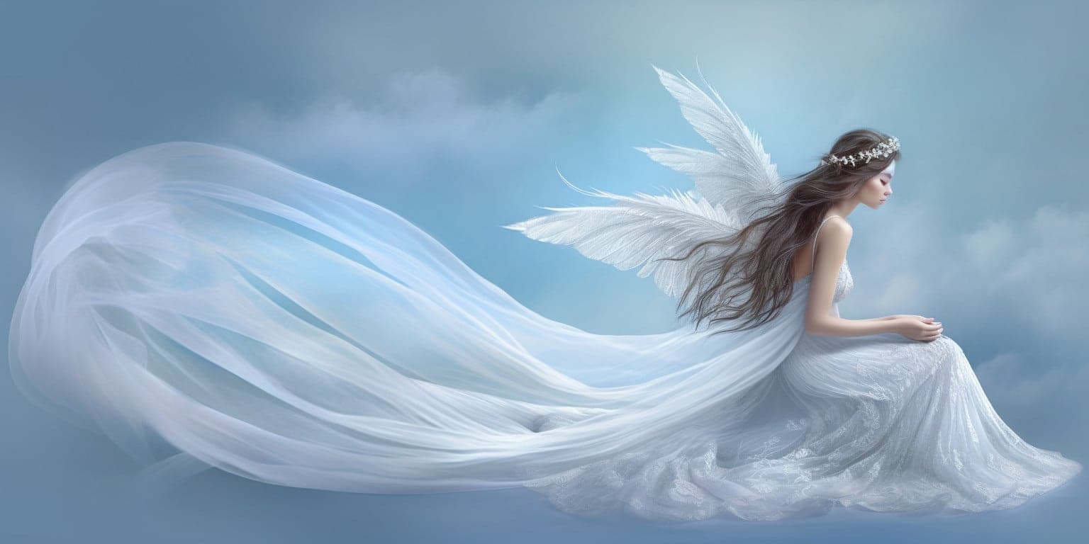 angel_a413-00002 Angel in a long white dress with blue sky and cloud in the background