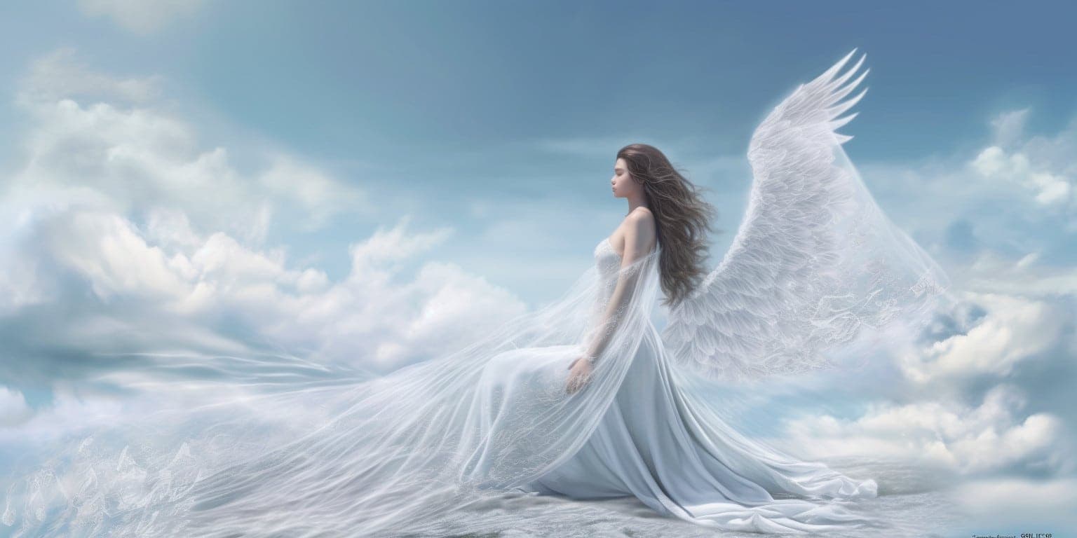 angel_a413-00004 Angel with white wings in a long white dress with blue sky and cloud in the background
