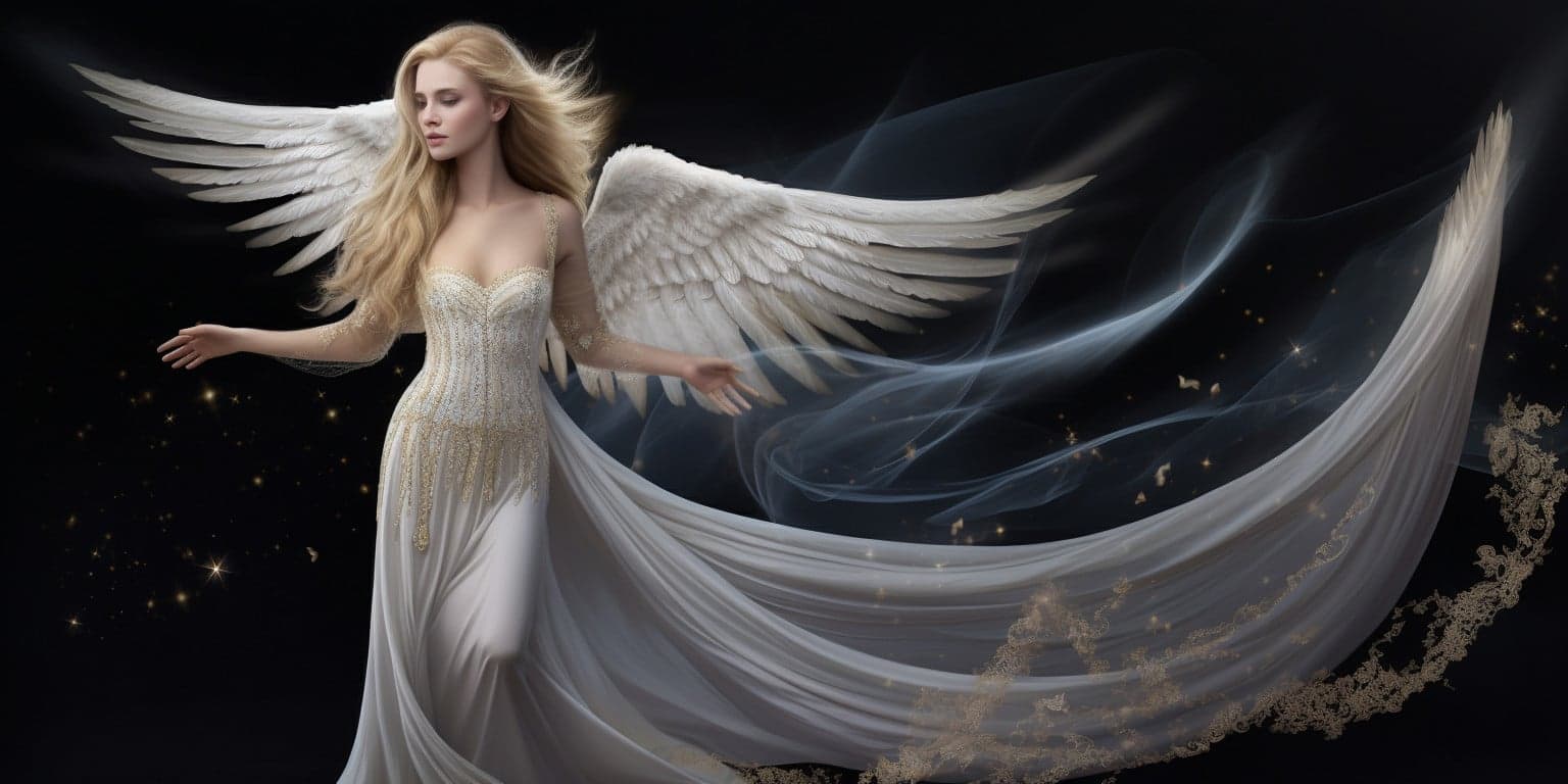 angel_a413-00008 Angel in a long white dress with the night sky in the background